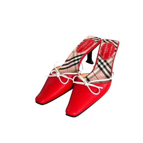 Authentic‎ BURBERRY Mules Slides Red Leather Pointed Toe Bow Kitten Heels 6.5-7 - Picture 4 of 6